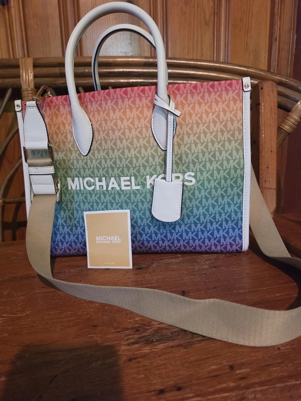 Michael Kors Rainbow Logo Tote with White Trim and Tan Strap